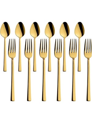 Odea Tr Parlak Gold Tatlı Çatal ve Kaşık Seti - 12 Adet Kahvaltı Pasta Tatlı Çatal ve Kaşık Seti