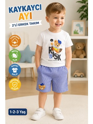 Candar Kaykaycı Ayı Baskılı Erkek Bebek 2'li Takım – Kısa Kollu Tişört ve Şort | 1-2-3 Yaş