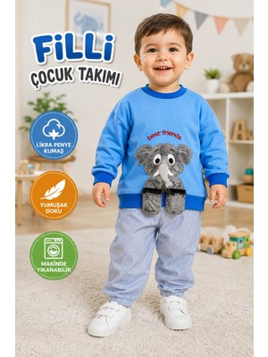 Candar 1-2-3 Yaş Fil ve Sallanan Ayak Desenli Likralı Penye Sweat Pantolon 2'li Kız Erkek Çocuk Takımı