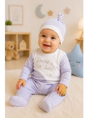 Candar Lucky Baby Nakışlı Çizgili Erkek Bebek Tulumu ve Şapka | 0-3 / 3-6 Ay
