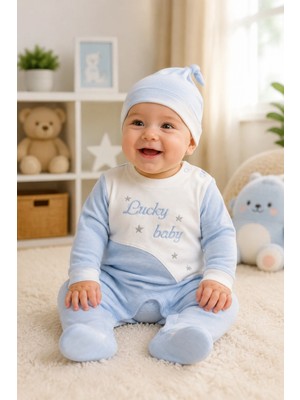 Candar Lucky Baby Nakışlı Çizgili Şapkalı Erkek Bebek Tulumu | 0-3 / 3-6 Ay