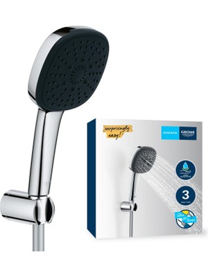 Odea Grohe Vitalio Comfort 110 El Duşu Seti, 110MM Kare 3 Akışlı, Masaj, Yağmur ve Jet Duşu, Duş Başlığı Tutucu, 1750MM Duş Hortumu, Krom, 26176001