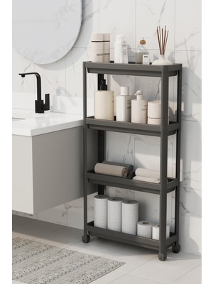 Odea Mithra Life 4 Katlı Tekerlekli Slim Ince Siyah Banyo Mutfak Rafı MIT1201