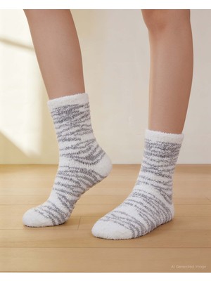 Bolero Kadın Soft Touch 2li Peluş Ev Çorabı Gri Zebra Desen