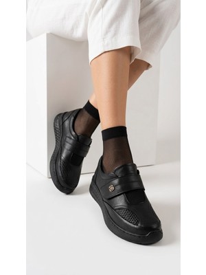 Kaof Shoes Kadın Siyah Hakiki Deri Anne Ayakkabısı Ortopedik Ayakkabı Cırt Cırtlı Günlük Ayakkabı Klasik Ayakkabı