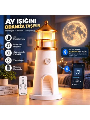 Hymark Deniz Feneri Ay LED Projeksiyon Lamba Bluetooth Hoparlör Kumanda Dimmer 2400 Mah Pil