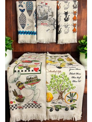 Happy Trend Saçaklı Pamuklu Baskılı Havlu Seti 40X60 cm El Yüz Mutfak Havlusu Yumuşak Desenli Su Emici Set (Set 5)