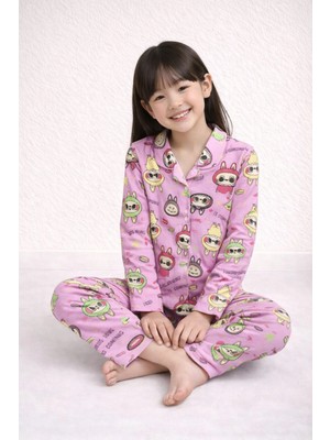 Beka Kids Labubu Desenli Uzun Kollu Önden Düğmeli Gömlek Yaka Kız Çocuk Pijama Takımı %100 Pamuklu