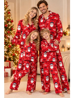 Free Beka Yılbaşı Desenli Kırmızı Uzun Kollu Önden Düğmeli Gömlek Yaka Aile Pijama Takımı Kombini