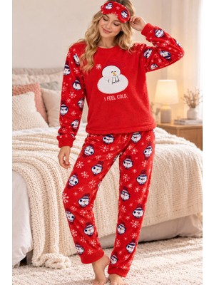 Free Beka Yılbaşı Desenli Kalın Sıcak Tutan Kumaş Kadın Pijama Takımı Ve Göz Bnadı