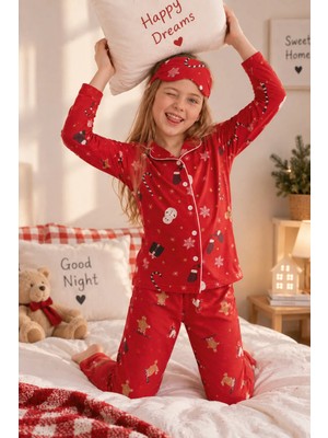 Free Beka Yılbaşı Desenli Uzun Kollu Önden Düğmeli Gömlek Yaka Kız Çocuk Pijama Takımı