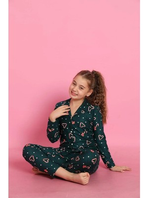 Beka Kids Yılbaşı Desenli Uzun Kollu Önden Düğmeli Gömlek Yaka Kız Çocuk Pijama Takımı