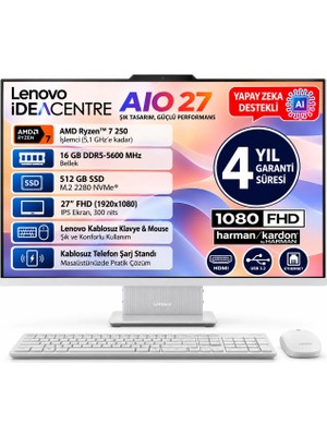 Lenovo Ideacentre Aıo 27AKP10  Ryzen 7 250 16GB 512GB SSD 27" Fhd IPS F0JE002STR Freedos Monitör Bılgısayar Pc