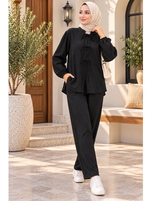 Stil Kuşağı Kadın Siyah Ön Bağlamalı Bürümcük Kimono Pantolon İkili Takım