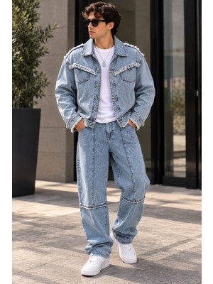 Public Denim Erkek Açık Mavi Denim Takım Püsküllü Jean Ceket ve Baggy Bol Paça Pantolon Oversize Ikili Takım