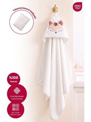 Die Grup Tr Kapüşonlu Bebek Banyo HAVLUSU%100 Pamuk Bebek Havlu Oeko-Tex® Havlu Kundak - Beyaz Tilki, 75 x 75 cm