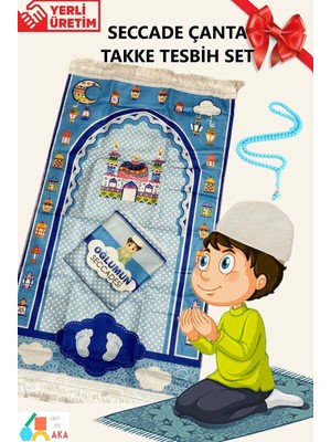 Simply Line Namaz öğreniyorum ve çizelgesi Çocuk Takke Tesbih Seccadesi Çanta Set Oğlumun Seccadesi Namazlık Ilk Namaza Alıştırma 45X90 cm