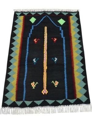 Die Grup Tr Zehra Abla Halı Yeni El Dokuması Benzersiz Bayburt Mihraplı Seccade Siyah Yün Kilim 6403 Çok Renkli-80 x 120