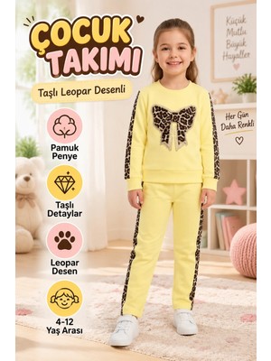 Candar Taşlı Leopar Desenli Pamuk Penye Çocuk Takımı – 4/12 Yaş