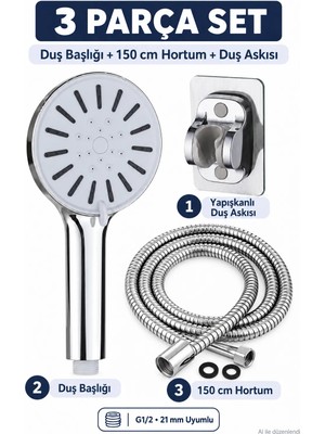 Plodna House 3 Parça Krom Duş Seti – 150 cm Spiral Duş Hortumu, Yapışkanlı Duş Askısı, El Duş Başlığı, G1/2 Uyumlu