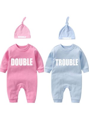 Die Grup Tr Baby Twins Bodysuits Double Trouble Yenidoğan Üniseks Bebek Tulumu Şapkalı Sevimli Kıyafet
