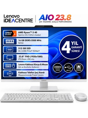 Lenovo A105 Aıo Amd Ryzen™ 5 40 16GB 512GB SSD 23.8" Fhd IPS Freedos Aıo Monitör Bılgısayar Pc