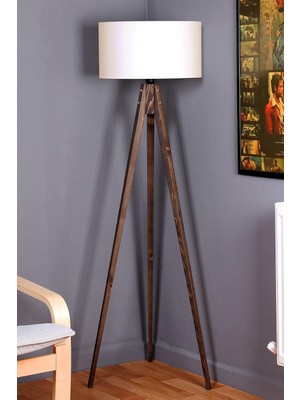 Die Grup Tr Knk Tripod Lambader - 40 cm Krem Kumaş BAŞLIKLI%100 Doğal Ağaç Ayaklı Yer Lambası, 150 cm Yükseklik, Kablo Kanallı ve 3 Metre Kablolu Dekoratif Köşe Aydınlatması