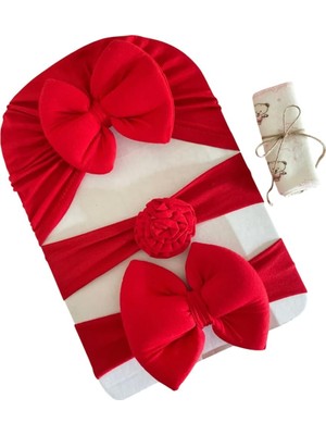 Die Grup Tr Masalbaby Kız Bebek Fiyonklu Bone Bandana ve Saç Bandı - 3'lü Hediyelik Set (Kırmızı)