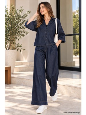 Stil Kuşağı Kadın Truvakar Kol Denim Gömlek Pileli Jean Pantolon İkili Takım