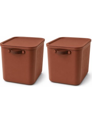 Die Grup Tr 23 Litre Kapaklı Organizer Kutu, 2'li Paket, Yan Kulplu Plastik Saklama ve Depolama Kutusu, 40 × 30 × 25 cm (Kiremit)