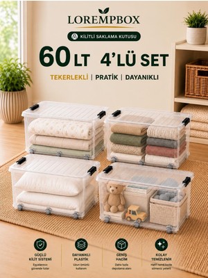 Die Grup Tr Lorempbox 60 L Tekerlekli Kilitli Saklama Kutusu 4'lü Set Şeffaf