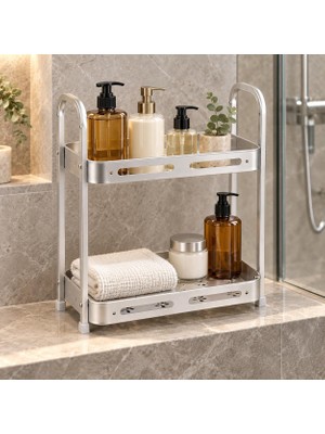 Deconox 2 Katlı Alüminyum Banyo Rafı 34 x 16 x 34 Cm, Drenaj Delikli Tezgâh Üstü Düzenleyici, Banyo ve Mutfak Organizeri, Gümüş Renk
