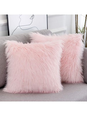 Die Grup Tr Sevgililer Günü 2'li Set Pembe Kabarık Yastık Kılıfı Yeni Lüks Seri Merinos Tarzı Allık Suni Kürk Dekoratif Kırlent Kılıfları Kare Bulanık Yastık Kılıfı 45X45 cm
