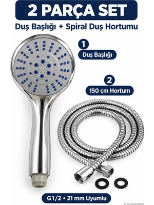 Plodna House 2 Parça Duş Seti – Krom Duş Başlığı + 150 cm Spiral Hortum