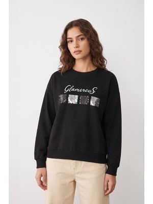 Markapia Woman Kadın Bisiklet Yaka Pul Detaylı Siyah Sweatshirt