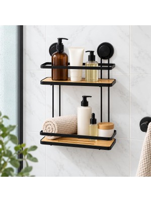 Die Grup Deconox Metal Bambu Banyo Rafı 2 Katlı, Delmeden Yapışkanlı Duş Düzenleyici Raf, 25 x 10 Cm, 32 cm Yükseklik, Şampuan ve Duş Jeli Organizeri