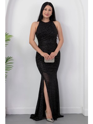 Kalopya Halter Yaka Yırtmaçlı Boncuklu Elbise 41099