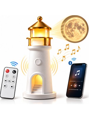 Kenly Deniz Feneri Ay Projeksiyonlu LED Gece Lambası Bluetooth Hoparlörlü Kumandalı Dimmerli 2400 Mah Şarjlı Dekoratif Masa Lambası