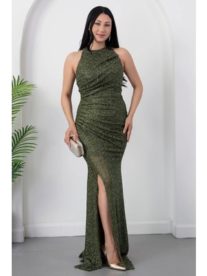 Kalopya Halter Yaka Yırtmaçlı Boncuklu Elbise 41099