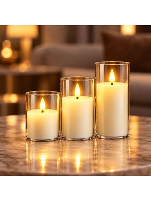 CoverZone 3'lü LED Mum Seti Pilli Alevsiz Dekoratif Işıklı Mum, Gerçekçi Titrek Alev Efektli, Sıcak Sarı Işıklı, Şeffaf Cam Görünümlü Mumluk, Salon Yatak Odası Masa Dekorasyonu, N-3323