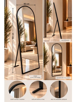 Koçak Home Kemerli Boy Aynası 60X180 cm Siyah Metal Çerçeveli Ayaklı ve Duvara Asılabilir Tam Boy Ayna