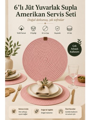 Fabrix Home 6'lı Pamuk Örgü Supla Seti Pembe 32 cm Yuvarlak Amerikan Servis Takımı