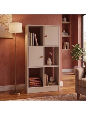 Bimossa W5330 Betty Kitaplık Kumtaşı, 2 Kapaklı ve 4 Açık Bölmeli 120 cm Dekoratif Kitaplık