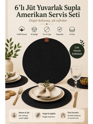 Fabrix Home 6'lı Pamuk Örgü Supla Seti Siyah 32 cm Yuvarlak Amerikan Servis Takımı