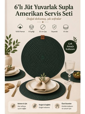 Fabrix Home 6'lı Pamuk Örgü Supla Seti Yeşil 32 cm Yuvarlak Amerikan Servis Takımı
