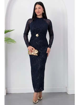 Kalopya Halter Yaka Reglan Kol Tokalı Simli Elbise DKS1465