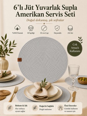 Fabrix Home 6'lı Pamuk Örgü Supla Seti Gri 32 cm Yuvarlak Amerikan Servis Takımı