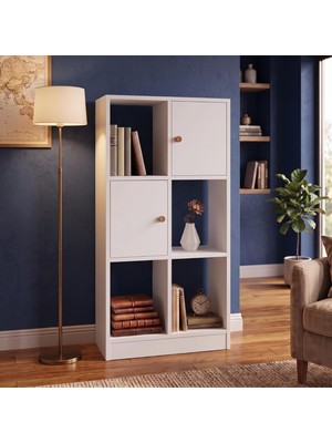 Bimossa W5340 Betty Kitaplık Beyaz, 2 Kapaklı ve 4 Açık Bölmeli 120 cm Modern Kitaplık