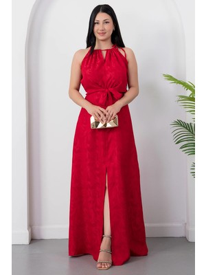 Kalopya Halter Yaka Ön Bağlama Saten Elbise K-251656