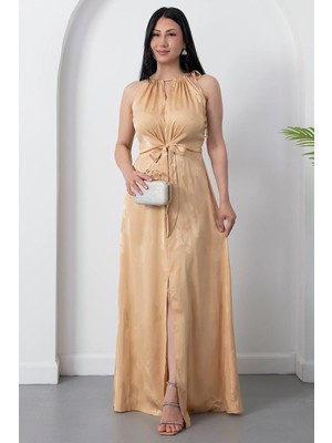 Kalopya Halter Yaka Ön Bağlama Saten Elbise K-251656